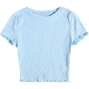 MakeMeChic Women's Solid Lettuce Trim Rib Knit Short Sleeve Crop Tee Top