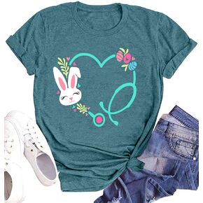 Easter Nurse Shirts for Women Easter T Shirt Bunny Rabbit Graphic Tee Stethoscope Short Sleeve Nurse Tops