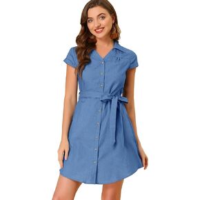 Allegra K Shirt Dress for Women's Short Sleeve Button Down Belted Denim Dress