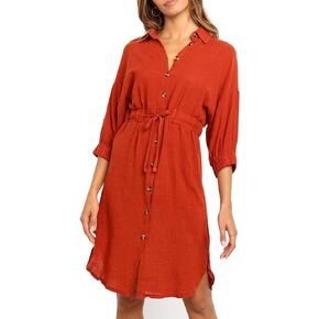 R.Vivimos Women's Summer 3/4 Sleeve Linen Button Down Casual Knee Length Dress with Tie Waist