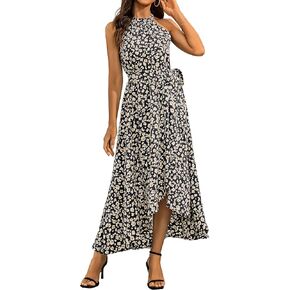 AMIMIV Womens Long Summer Halter Neck Maxi Dress 2023 Sleeveless Tie Waist Flowy Cocktail Dresses with Belt in Saudi Arabia