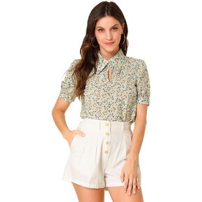 Allegra K Women's Elegant Shirt Turndown Collar 2024 Summer Puff Sleeve Vintage Floral Blouse