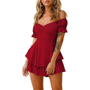 Linsery Off Shoulder Romper for Women Ruffle Layer Summer Boho Chiffon Shorts Rompers Jumpsuits Dress Red L in Kuwait