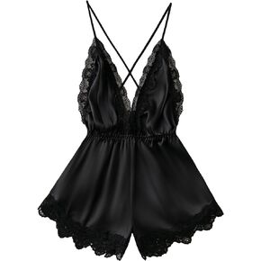 COZYEASE Women's Contrast Lace Criss Cross Backless Satin Spaghetti Strap Cami Romper