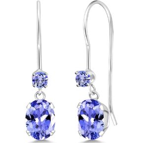 Gem Stone King 14K White Gold Blue Tanzanite French Wire Dangle Earrings For Women (1.06 Cttw, Gemstone December Birthstone, Oval 6X4MM and Round 2.5MM)