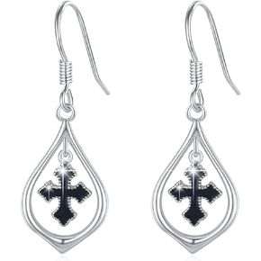 Cross Earrings for Women 925 Sterling Silver Black Cross Dangle Earring Hypoallergenic Teardrop Drop Jewelry Gifts for Girls