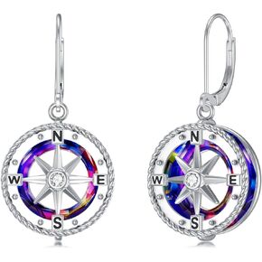 VONALA Sterling Silver Ocean Compass Dangle Drop Earrings with Circle Crystal Graduation Jewelry Gifts for Her Daughter Women College Student