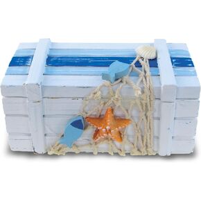CoTa Global Light Blue Stripes Wooden Jewelry Box - Handcrafted Nautical Trinket with Starfish and Fishing Net Decorations, Accent Tabletop Home Decor - 5 Inch