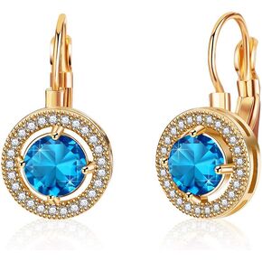 Austrian Crystal Halo Round Drop Leverback Earrings for Women 14K Rose Gold Plated Hypoallergenic Jewelry