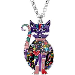DOWAY Cute Enamel Cat Necklace for Women Girls Floral Enamel Pet Kitten Pendant Jewelry Gift