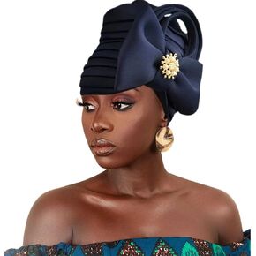 Yeilhile Pre-Tied African Turban Navy Blue Crystal Headwrap Bow Tie Head Cover Wrap Stretchy Headwear for Women in Kuwait