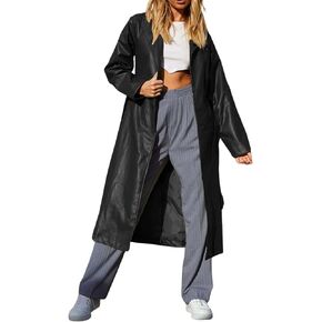 loveimgs Women's Button Down Lapel PU Leather Trench Coat Trendy Full Length Long Sleeve Faux Leather Jacket