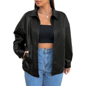 WDIRARA Women's Plus Size PU Leather Drop Shoulder Jacket Zip Up Long Sleeve Collared Textured Outerwear Jackets