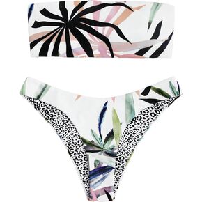 GORGLITTER Women's Tropical Swimsuits Strapless Bandeau High Cut Thong Bikini Set Bathing Suit