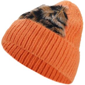 Leopard Print Cat Ears Beanie Hat Cute Solid Color Skull Cap Knit Cuffed Watch Hats in Kuwait