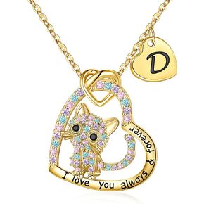 Hidepoo Cat Gifts for Cat Lovers - 16K Gold Plated Colorful CZ Heart Cat Necklaces for Girls Jewelry Gifts for Girls Initial Cat Necklace Birthday Gifts for Girls Teen Girl Cat Gifts