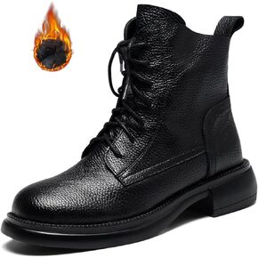 Women's Leather Lace-up Ankle Boots with Side Zipper Comfortable Round Toe Platform Low Block Heel Booties Combat Ankle Boots