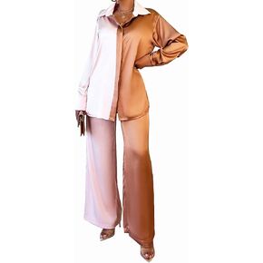 Kotiera Womens Satin Two Piece Outfits Casual Loose Button Shirt Blouse Top Wide Leg Long Pants Set Shinny Jumpsuits Rompers