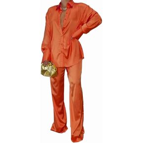 Kotiera Womens Satin Two Piece Outfits Casual Loose Button Shirt Blouse Top Wide Leg Long Pants Set Shinny Jumpsuits Rompers