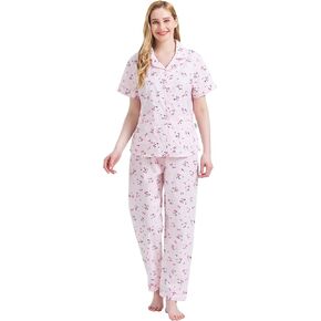 GLOBAL Women's 100% Cotton Pajama Set|Short-Sleeved with Pants PJs |Button Down Front Top&Drawstring Waist Bottom Nightwear