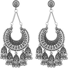 Bollywood Traditional Ethnic Jhumka Jhumki Indian Earrings for Women Girls Vintage Mexico Gypsy Stetament Exaggerated Style Ethnic Dangle Earring Tassel Bell Drop Bohemian Fashion Gift Christmas Oxidized Antique Jewelry