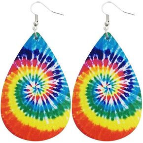 Bohemian Rainbow Tie Dye Leather Drop Earrings Colorful Boho Bandhnu Printed Leather Droplets Earrings for Women Girls Best Gift Faux Leather Water Drop Earrings