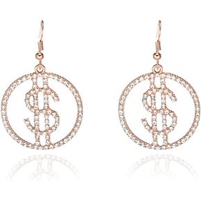 Crystal Dollar Money Sign Circle Dangle Drop Earrings for Women Girls Personality Glitter Sparkly Crystal Cubic Zirconia Round Rich Symbol Gold Silver Plated Statement Hook Earrings for Dance Party Fashion Jewelry Gifts