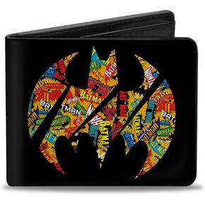 DC Comics Wallet, Bifold, Bat Signal Black Multi Color Logos Stacked, Vegan Leather