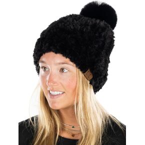 Funky Junque Women’s Beanie with Pom Pom Winter Cold Weather Skull Cap Knitted Soft Stretch Fuzzy Hat Faux Fur Pom Warm