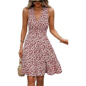 Women's Floral Print Casual Dresses Sleeveless V Neck Tie Waist Summer Mini Dress
