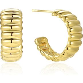 Dome Ribbed Earrings | 14K Gold Sterling Silver Ribbed C-Hoop Earrings | Women's Gold Bold Croissant Earrings