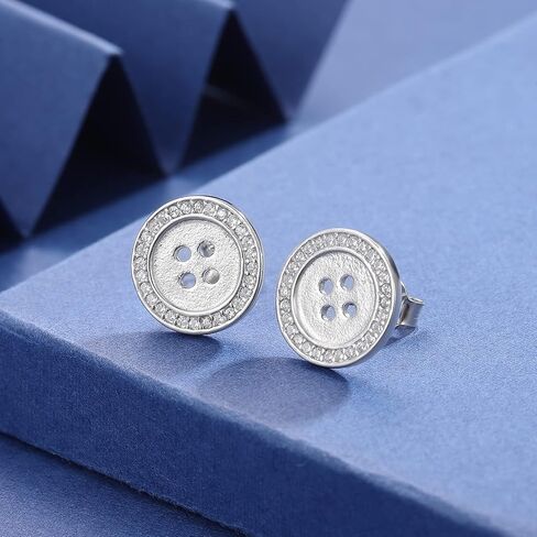 Silver Button Stud Earrings For Women - 925 Sterling Silver Shining Crystal Button Earring Jewelry for Women, Dainty Round Button Stud Earrings Gifts for Girls, 11.73*11.73 mm / 0.46*0.46 inch, in Saudi Arabia