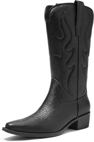 Arromic Cowboy Boots for Women Wide Calf Western Cowgirl Boots Square Toe Mid Calf Embroidered Pull on Chunky Heel Fashion Boots in Kuwait