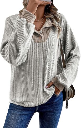 بلوفر نسائي من COZYEASE بأكمام راجلان طويلة وزر ورقبة على شكل حرف V سويت شيرت بقلنسوة ملابس خريفية in Kuwait