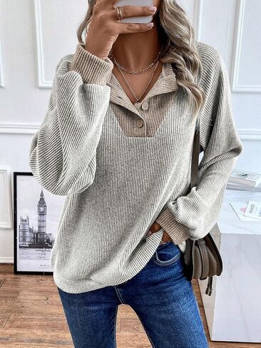بلوفر نسائي من COZYEASE بأكمام راجلان طويلة وزر ورقبة على شكل حرف V سويت شيرت بقلنسوة ملابس خريفية in Kuwait