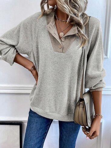 بلوفر نسائي من COZYEASE بأكمام راجلان طويلة وزر ورقبة على شكل حرف V سويت شيرت بقلنسوة ملابس خريفية in Kuwait