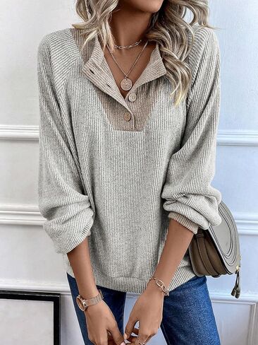 بلوفر نسائي من COZYEASE بأكمام راجلان طويلة وزر ورقبة على شكل حرف V سويت شيرت بقلنسوة ملابس خريفية in Kuwait