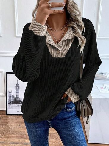 COZYEASE Women's Pullover Sweatshirt Long Raglan Sleeve Button V Neck Hooded Sweatshirt Tops Fall Outfits in Saudi Arabia