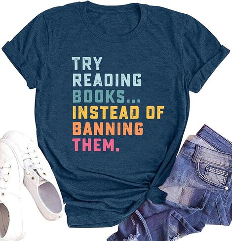 Women Books Shirt Try Reading Books Instead of Banning Them Book Lovers Shirt Teacher Reading Shirts in Saudi Arabia