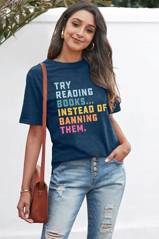 Women Books Shirt Try Reading Books Instead of Banning Them Book Lovers Shirt Teacher Reading Shirts in Saudi Arabia