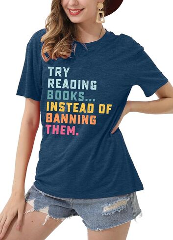 Women Books Shirt Try Reading Books Instead of Banning Them Book Lovers Shirt Teacher Reading Shirts in Saudi Arabia