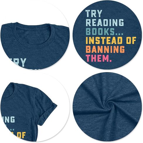 Women Books Shirt Try Reading Books Instead of Banning Them Book Lovers Shirt Teacher Reading Shirts in Saudi Arabia