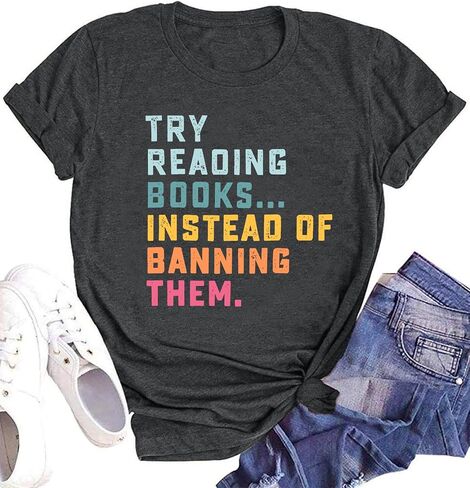 Women Books Shirt Try Reading Books Instead of Banning Them Book Lovers Shirt Teacher Reading Shirts in Saudi Arabia