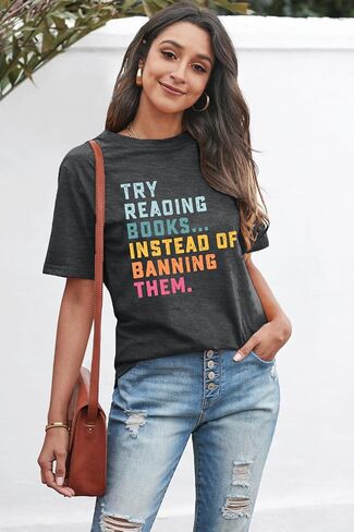 Women Books Shirt Try Reading Books Instead of Banning Them Book Lovers Shirt Teacher Reading Shirts in Saudi Arabia