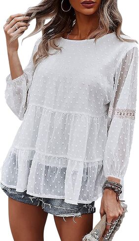 KOJOOIN Women's Chiffon Blouse Crochet Lace Puff Sleeve Babydoll Long Flowy Ruffle Shirts Loose Peplum Tops in Saudi Arabia