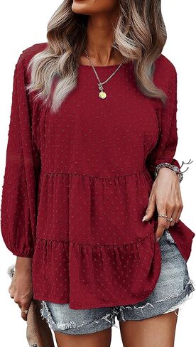 KOJOOIN Women's Chiffon Blouse Crochet Lace Puff Sleeve Babydoll Long Flowy Ruffle Shirts Loose Peplum Tops in Saudi Arabia