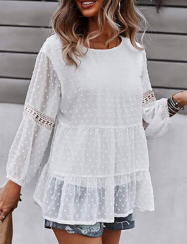 KOJOOIN Women's Chiffon Blouse Crochet Lace Puff Sleeve Babydoll Long Flowy Ruffle Shirts Loose Peplum Tops in Saudi Arabia