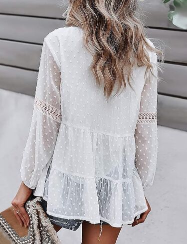 KOJOOIN Women's Chiffon Blouse Crochet Lace Puff Sleeve Babydoll Long Flowy Ruffle Shirts Loose Peplum Tops in Saudi Arabia