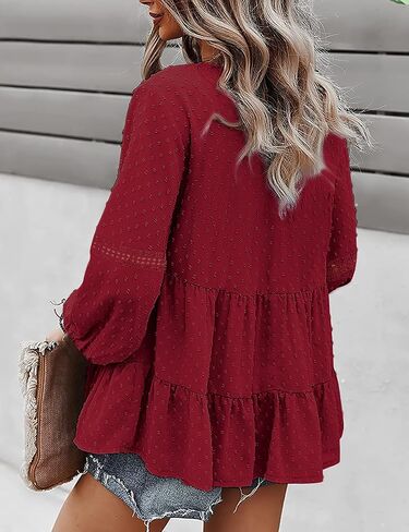KOJOOIN Women's Chiffon Blouse Crochet Lace Puff Sleeve Babydoll Long Flowy Ruffle Shirts Loose Peplum Tops in Saudi Arabia