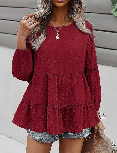 KOJOOIN Women's Chiffon Blouse Crochet Lace Puff Sleeve Babydoll Long Flowy Ruffle Shirts Loose Peplum Tops in Saudi Arabia